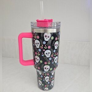 Kirklands Day Of The Dead Floral Travel Tumbler with Pink Handle